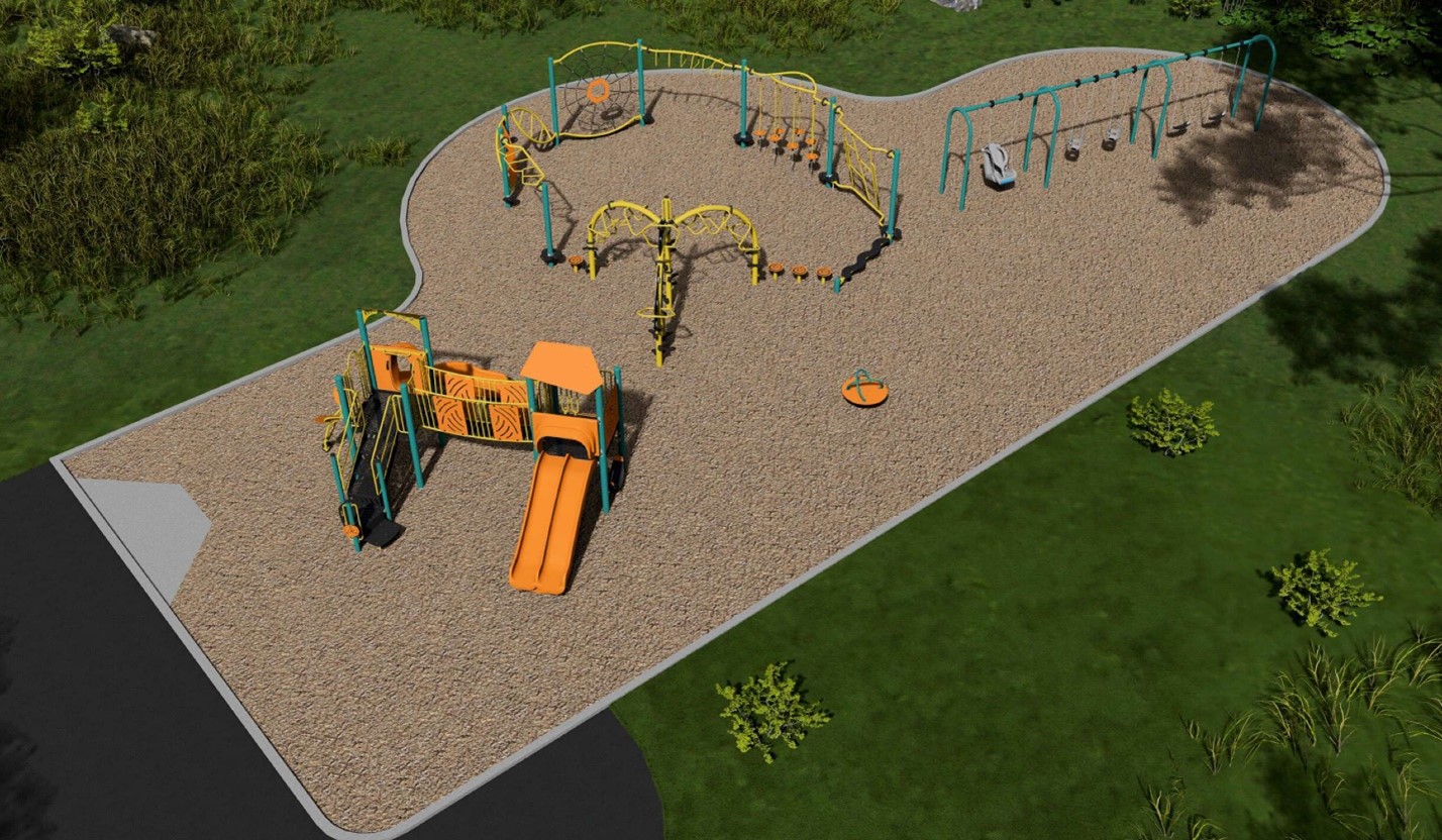 An aerial view of Playground Design A looking to the southwest from the northeast. From the lower left to the upper right, it includes an all age play structure, dynamic climbing structures, a spinner toy, and swing set.