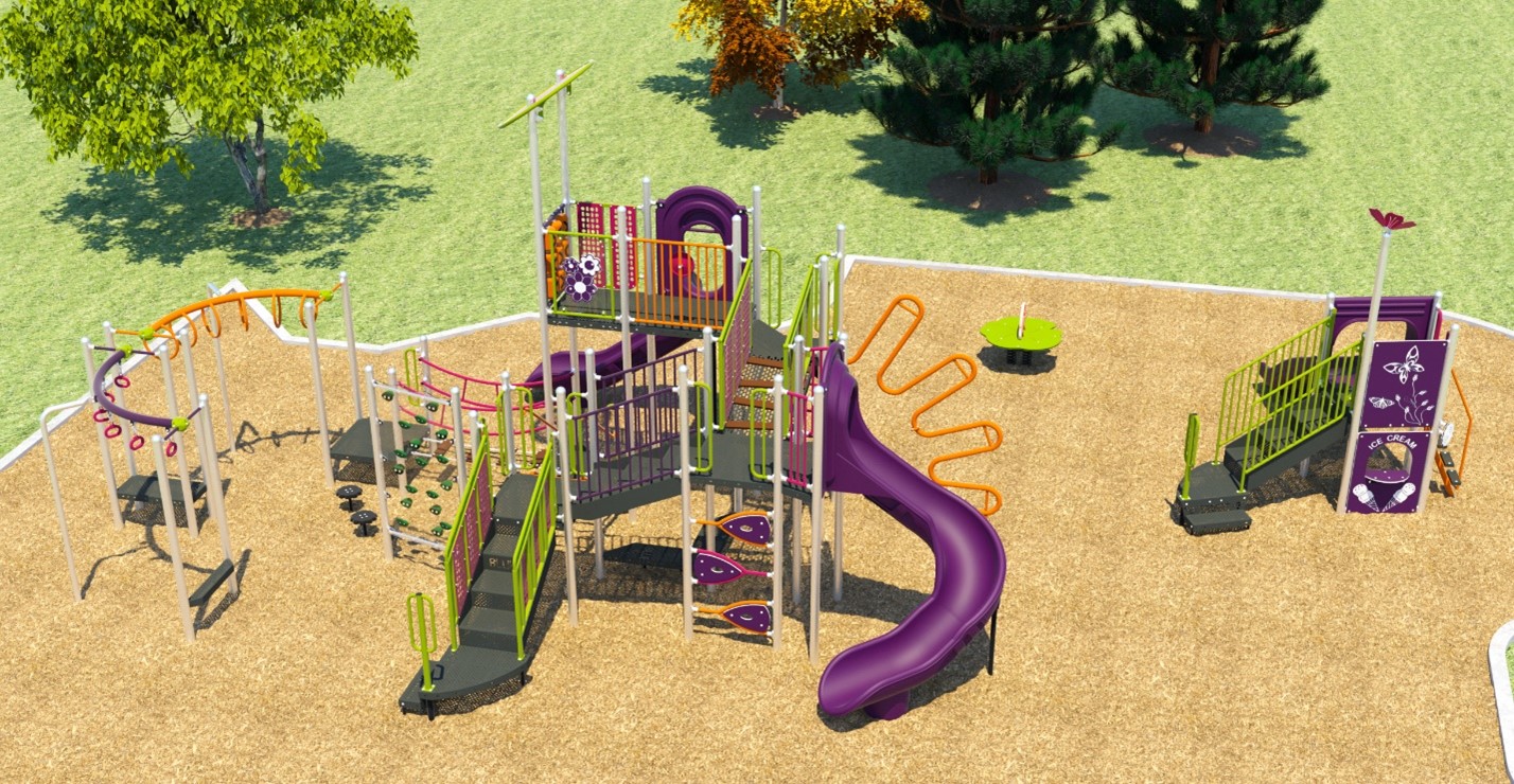 An aerial view of Playground Design A looking to the west from the east. From the lower left to the upper right, it includes a senior play structure with overhead bars for active play, a spinner toy, and a junior play structure.