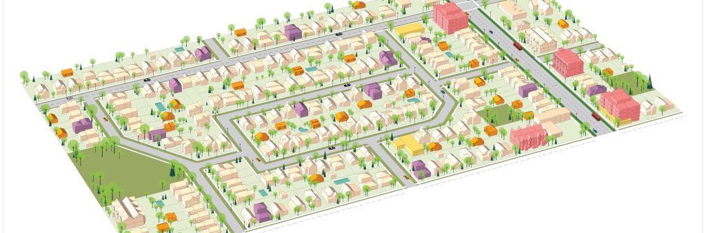 An illustration showing a birds-eye view of a neighbourhood that incorporates the various building types that make up the EHON initiative illustrating how they can fit in to the surrounding context.