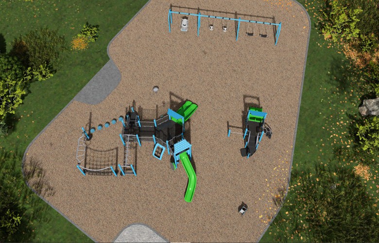 An aerial view of Playground Design B looking to the southwest from the northeast. From the lower left to the upper right, it includes a senior play structure with climbing nets for active play, a spinner toy, a junior play structure and a swing set.