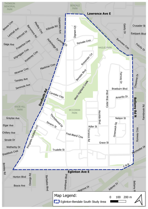 A map of the study area for Eglinton-Bendale South Streets Plan. The area is bound by Danforth Road to the west, Bellamy Road North to the east, Lawrence Avenue East and Highland Creek to the north and Eglinton Avenue East to the south.