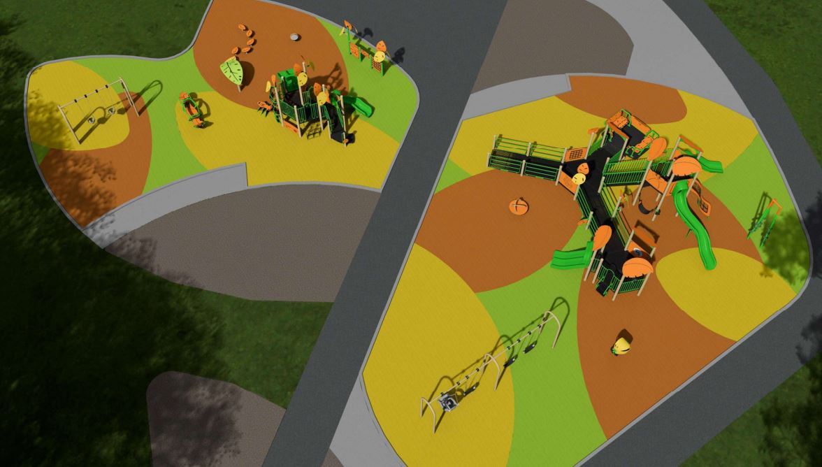 Rendering image of the playground layout design showing the junior and senior play areas being separated by a walking path in the middle. This playground layout is based on the most preferred layout option A chosen through community engagement.
