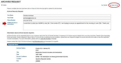 Screenshot of Archives' database records request interface
