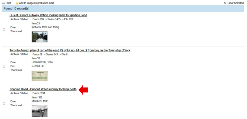 Screenshot of Archives' database Digital Image Search interface