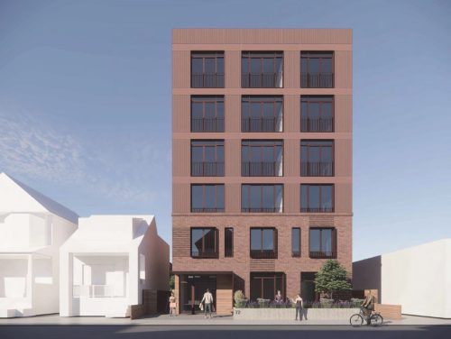 A rendering that shows a street level perspective of the recently approved application on 72 Amroth Ave.