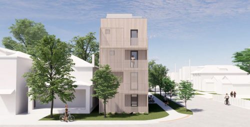 A rendering of a 4-storey missing middle development facing a Major and Local street by Dubbeldam Inc. Architecture + Design. The building has balconies facing the street, is about two storeys taller than its surroundings, and allows for tree planting along both frontages.