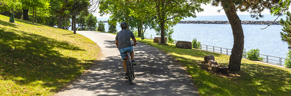 A cyclist rides along a scenic waterfront path lined with trees and greenery.