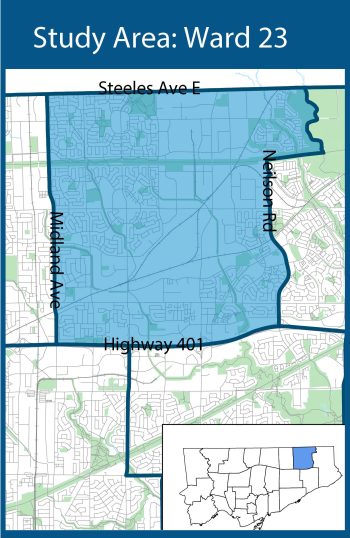 A map illustrating Ward 23, which is bounded by Steeles Avenue East to the north, Neilson Road to the east, Highway 401 to the south and Midland Avenue to the west. 