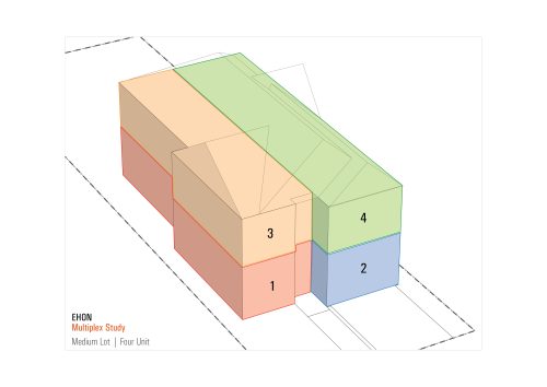 An illustration of a typical fourplex configuration demarcating where each of the four units may fit within the building. 