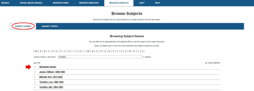Screenshot of Archives' database browse subject interface