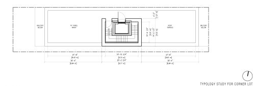 Roof plan by Dubbeldam Inc. Architecture + Design, of a four-storey missing middle development with a single stair and elevator core that allows for outdoor amenity terrace and room for rooftop solar panels.