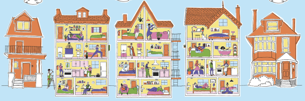 A graphic of 5 houses in a row. The three in the middle are illustrated using an open wall. We can see inside all the rooms, showing off the multiple tenants that live alone but within a Multi Tenant House.