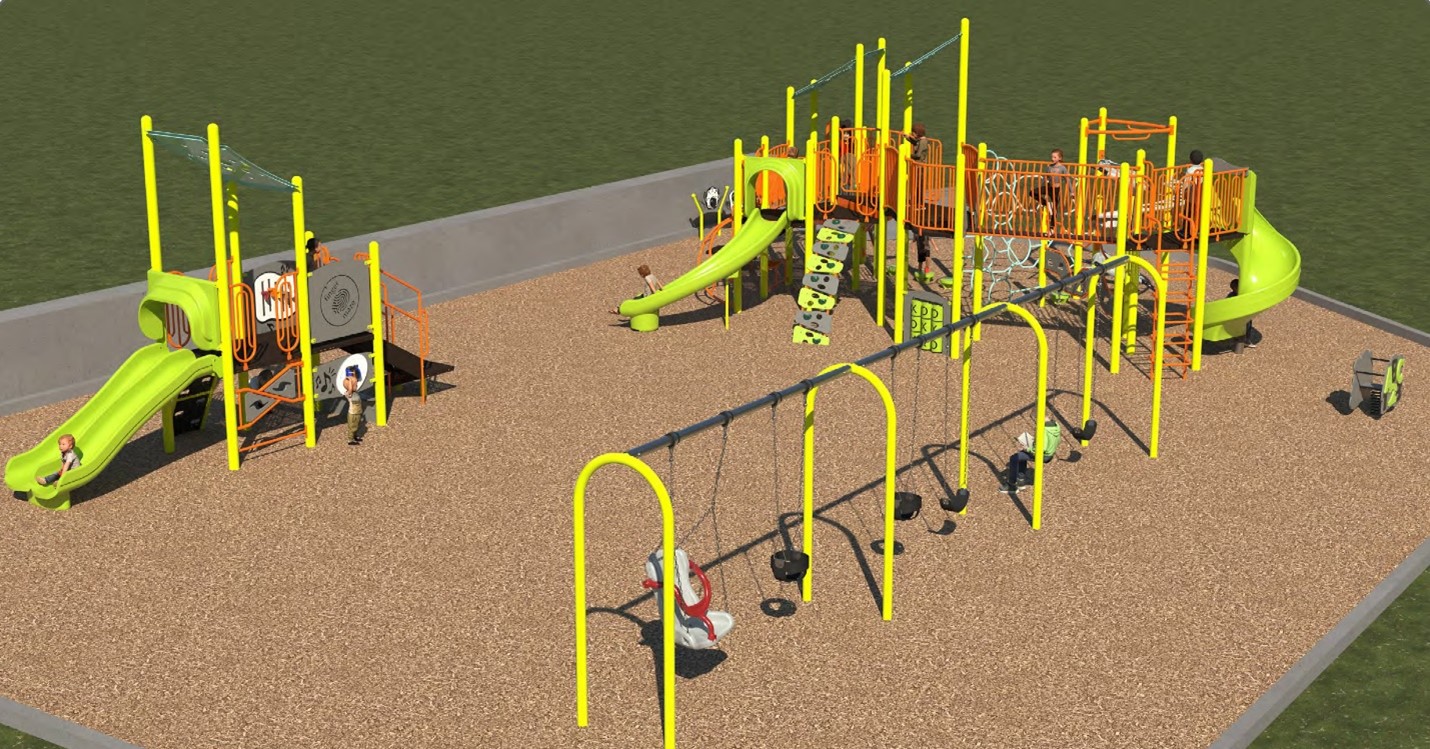 Aerial view of Playground Option A looking south-west. From bottom left to upper right: swings, spring toy, junior play structure, music panels, and senior structure.