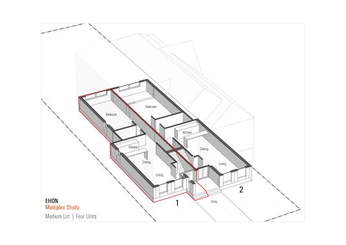 An illustration of a typical fourplex configuration, showing the potential layout of the first floor.