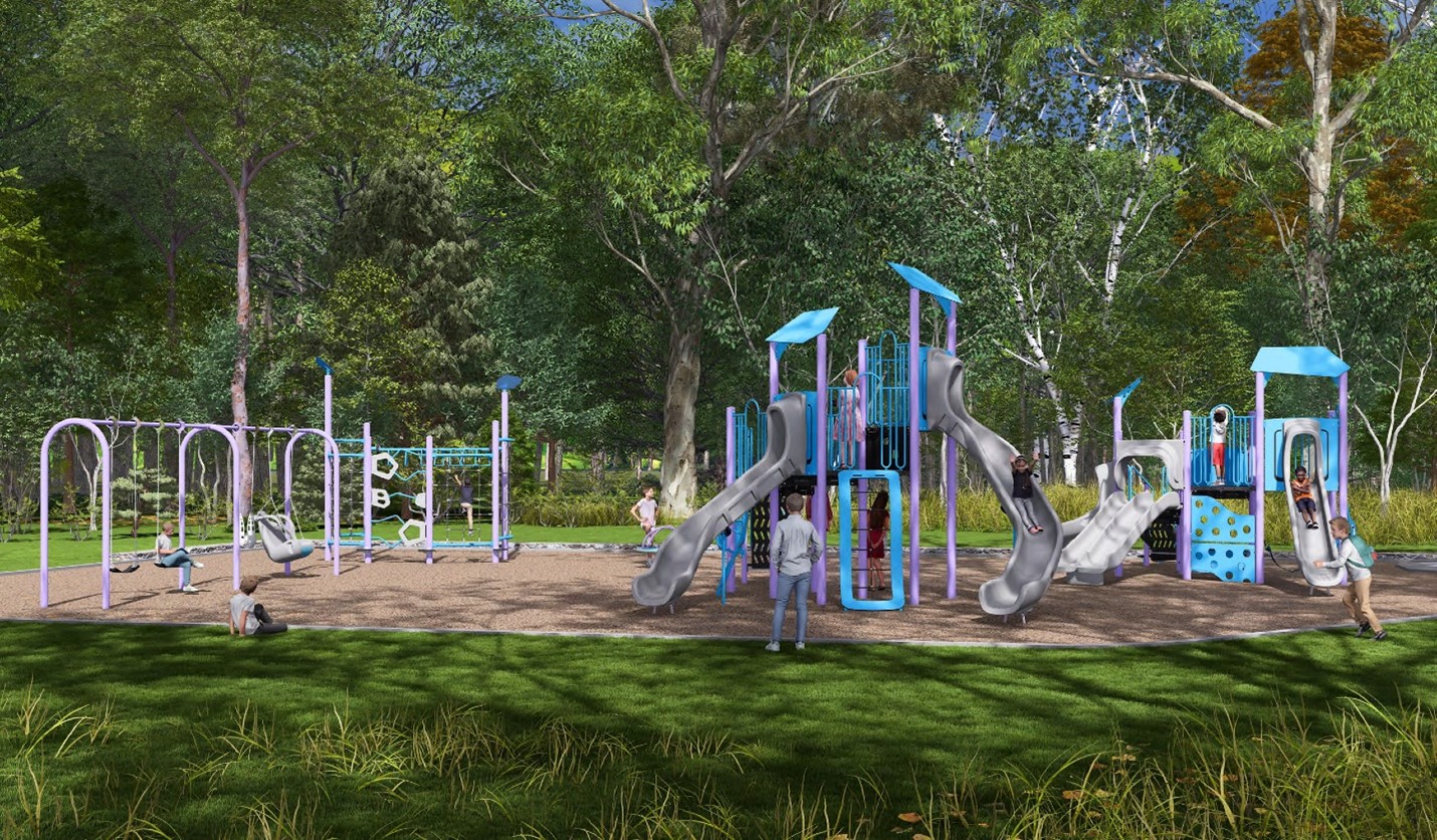 Ground level view of Playground Option B looking south-east. From left to right: swings, climbing course, group spinner, spring toy, senior play structure, and junior play structure.