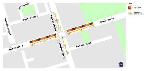 Map of work area for Phase 1 extending along King Street and Church Street from south of Court Street to just north of Oak Hall Lane. Please contact Mark De Miglio at 416 395 7178 or email kingchurch@toronto.ca for more information.