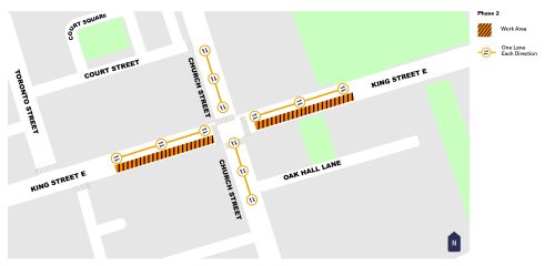 Map of work area for phase 2 extending along King Street and Church Street from south of Court Street to just north of Oak Hall Lane. Please contact Mark De Miglio at 416 395 7178 or email kingchurch@toronto.ca for more information.