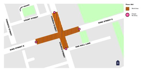 Map of work area for phase 3 extending along King Street and Church Street from south of Court Street to just north of Oak Hall Lane. Please contact Mark De Miglio at 416 395 7178 or email kingchurch@toronto.ca for more information.