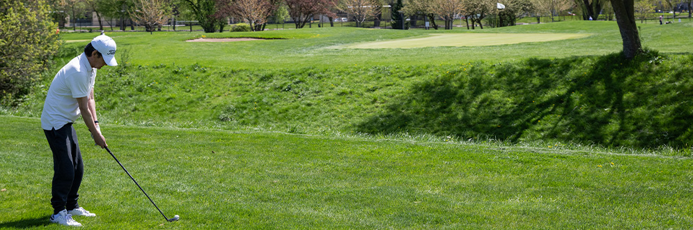 A golfer in a white cap and shirt prepares to take a shot on a green golf course, with trees and residential buildings in the background under a bright blue sky.