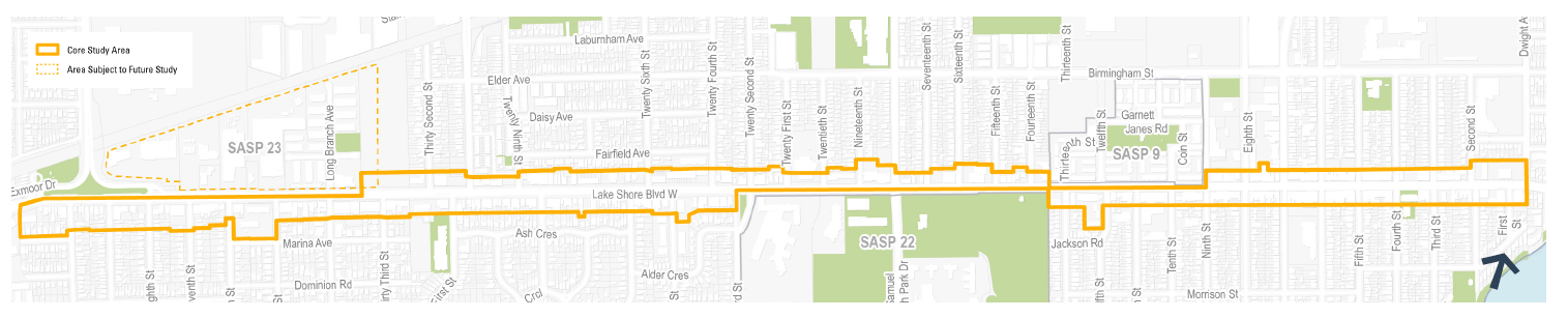 Lake Shore Boulevard West Avenue Study area boundary from Fortieth Street to Dwight Avenue, generally consistent with the existing Site and Area Specific Policy Area 21 boundary.