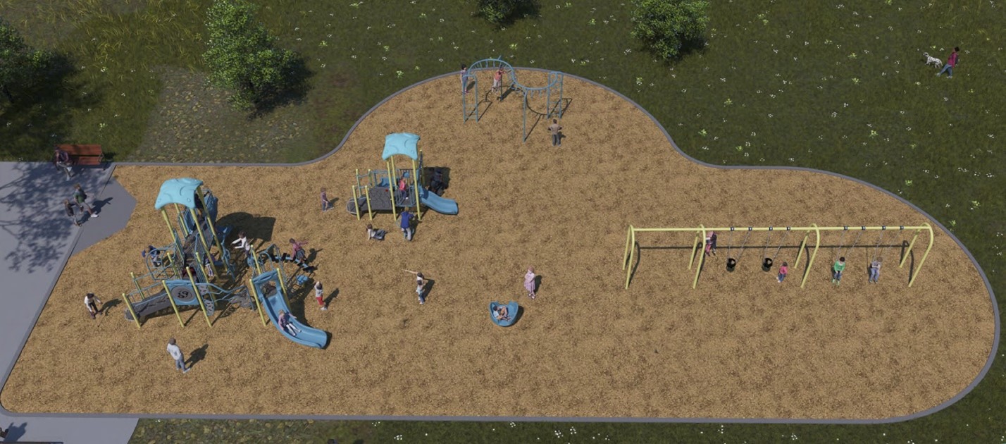 An aerial view of Playground Design A looking to the north from the south. From the lower left to the upper right, it includes a senior play structure, spinner toys, a junior play structure, a stand-alone climbing structure and a swing set.