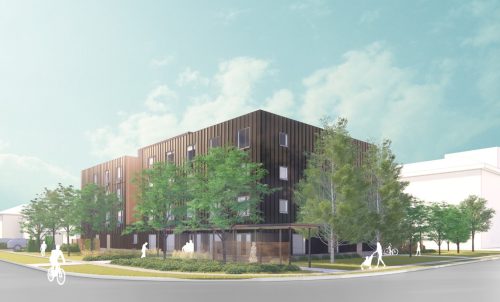 Exterior rendering of 7-9 Wardlaw Crescent, a 4-storey building on a corner lot, surrounded by trees and landscaping. 