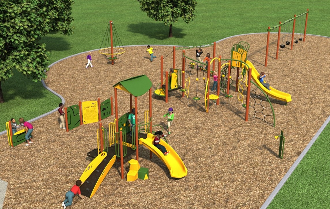 A perspective view of Playground Design B looking to the east from the west. From the lower left to the upper right, it includes a junior play equipment, play panels, senior play equipment, a stand-alone spinning climbing structure and a swing set.