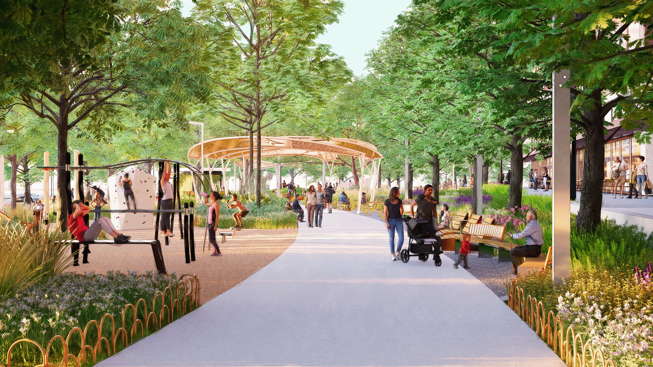 View from the new park’s northeast entrance towards the outdoor fitness area and natural play area.