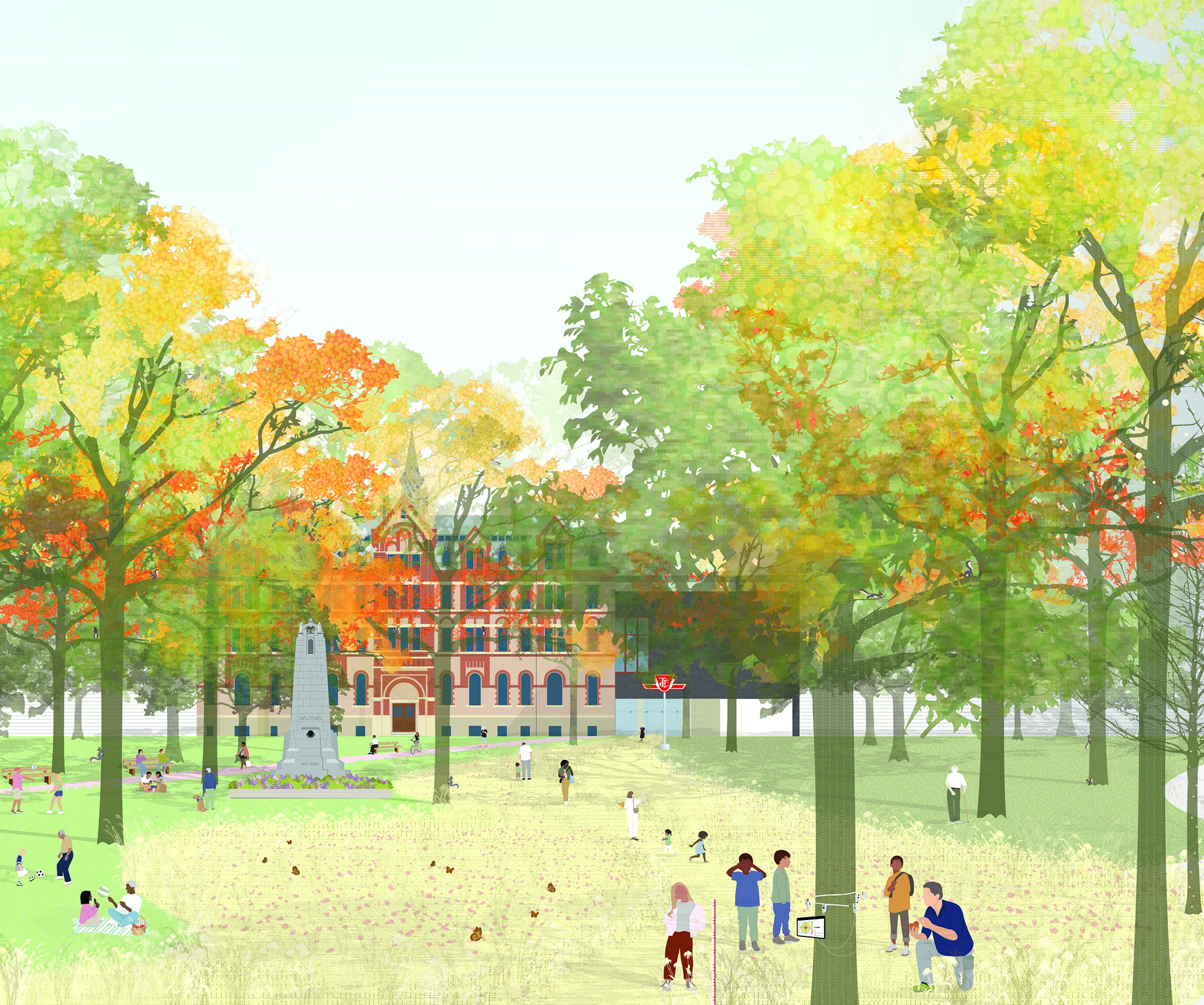 A group of young people are watching a teacher explain scientific instruments around a mature tree. The group and other park visitors are in a meadow under mature trees showing signs of fall foliage. The Highlanders Memorial and subway entrance signage can be seen in the distance, near a walkway lined with benches. The Royal Conservatory of Music is visible through the trees in the park. 