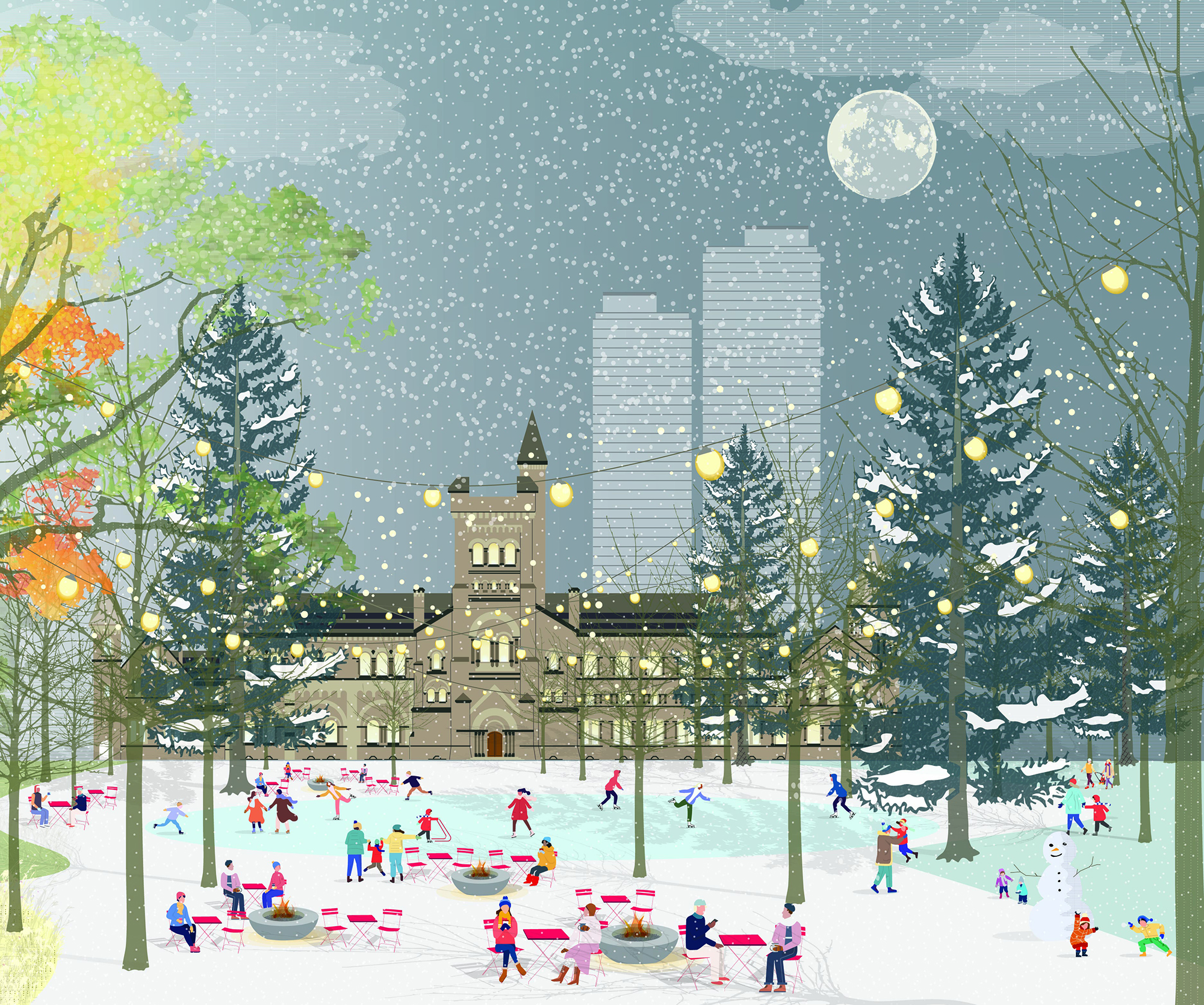 A winter night in a park. Various people sit in movable furniture near active fire pits in front of a busy skating rink. Children play in the snow under catenary lighting. University of Toronto’s University College building is visible through the trees in the park.
