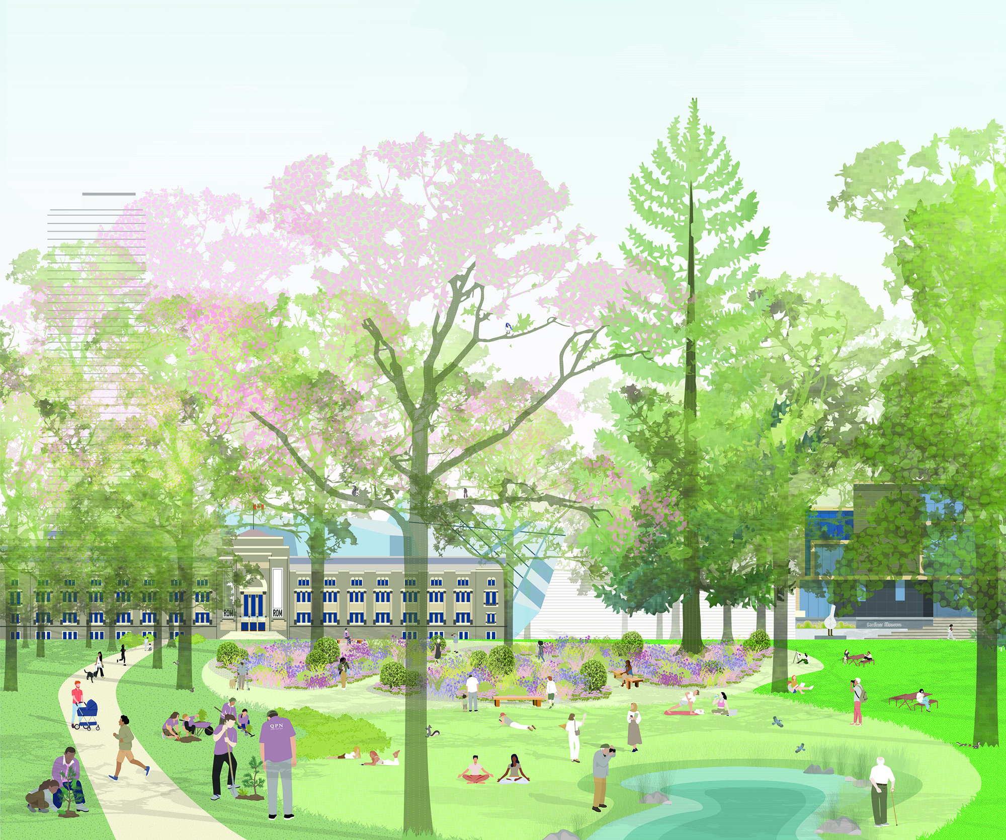 A group of people relax in a park on a spring day. Workers are planting new trees near runners and walkers on a path. Various people are relaxing and recreating in a lawn and garden near a small pond. The Royal Ontario Museum and Gardiner Museum is visible through the trees in the back.