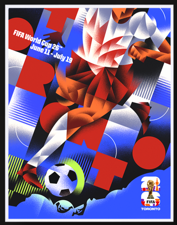 A poster design with a larger-than-life player in motion, proudly wearing a red maple leaf. The grid background represents the lines on a soccer pitch, as well as Toronto’s streets and the idea of a quilt to reflect the collection of wonderful and vibrant people and neighbourhoods that come together to make us “the world in a city.” Additional nods to the city include Toronto’s iconic shoreline forming the edge of the “pitch,” the blue colour palette of Toronto’s flag and positioning the soccer ball over Toronto Stadium.