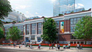Photo-realistic rendering of Kent School building exterior at hub entrance