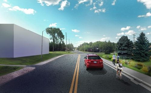 Bioswale rendering displaying a road in industrial area, sidewalk and pedestrians.