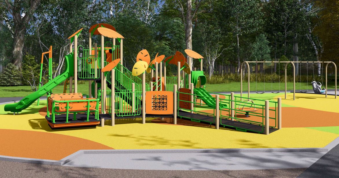 Rendering image of the senior play area featuring a swing set, a large play structure with inclusive play features, slides, a wheelchair accessible glider and other play features.