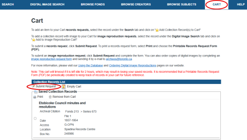 Screenshot of Archives' database interface