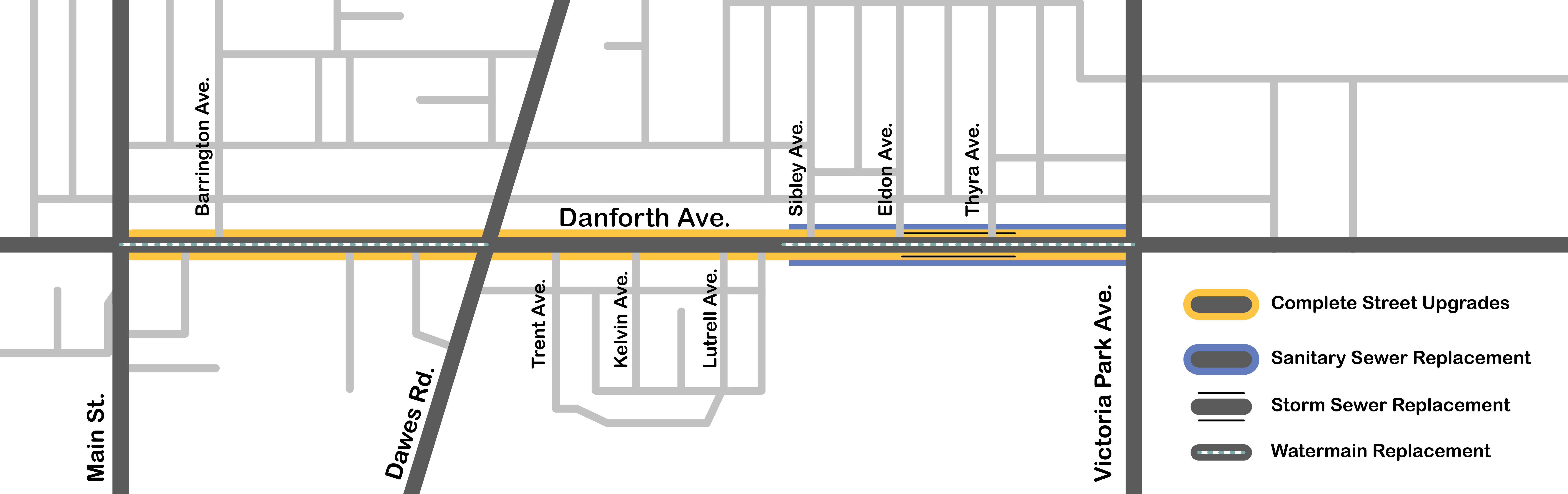 Planned construction along Danforth Avenue, including Complete Street upgrades, sanitary and storm sewer replacement, and watermain replacement. Map shows Danforth Avenue from Main Street in the West to Victoria Park Avenue in the East.