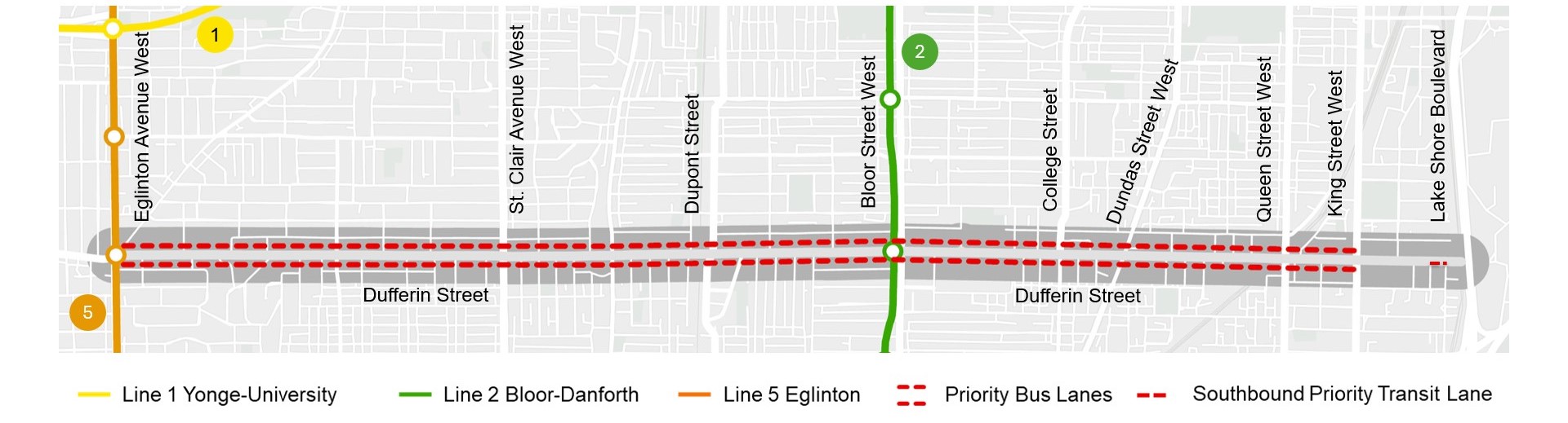 Dufferin Street map showing curbside location of the proposed priority bus lanes