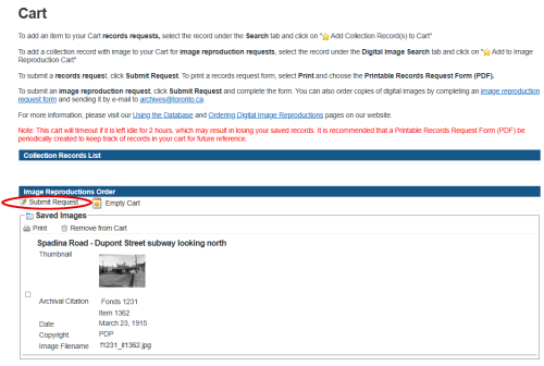 Screenshot of Archives' database Digital Image search interface