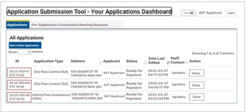 Screenshot of Application Submission Tool Dashboard, red boxes outlining the change to ID now showing the folder number.