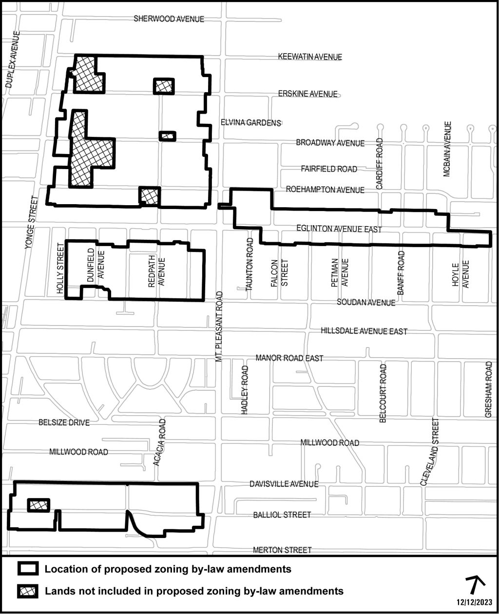 This map outlines the areas that are affected by proposed zoning by-law amendments in Midtown, Toronto. These areas include Erskine and Keewatin, the Redpath Park Street Loop, Soudan and Davisville.