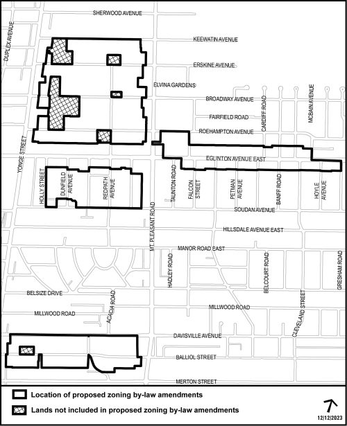 This map outlines the areas that are affected by proposed zoning by-law amendments in Midtown, Toronto. These areas include Erskine and Keewatin, the Redpath Park Street Loop, Soudan and Davisville.