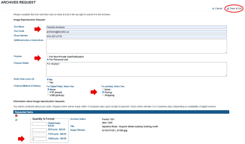 Screenshot of Archives' database Digital Image search interface