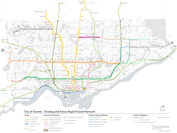 A map of the City of Toronto and neighbouring towns and cities depicting existing and future rapid transit network plans including subways, light rail, bus rapid and heavy rail transit lines. The map displays lines and stations, as well as transit hubs, that are existing, under procurement and construction, preliminary design and in development as of 2025.