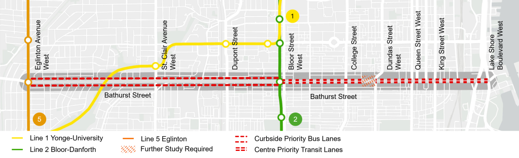 The project area is shown in red, with priority transit lanes between Eglinton Avenue West and Lake Shore Boulevard West, except for a gap between Nassau Street and Dundas Street West