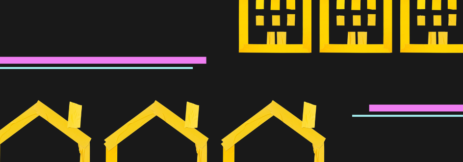 Graphic of houses in cartoon style for the rental renovation licence bylaw campaign.