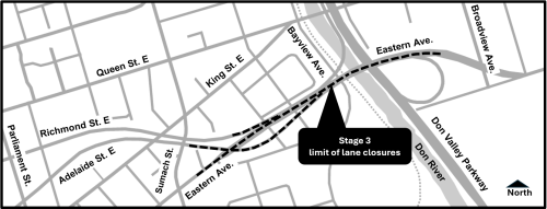 Map of work area along Adelaide Street and Eastern Avenue bridge. Please contact Maria Lippa by phone at 416-495-4214 or by email at EastAdelaideBrdg@morrisonhershfield.com