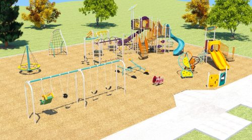Aerial view of Playground Option C looking north-west. From left to right: swings, group spinner, climbing structure, senior play structure, teeter totters, spring toy, second climbing structure, play panels, and junior play structure.