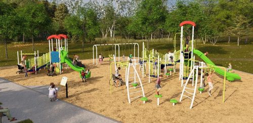 Aerial view of Playground Option A looking south-west. From left to right: junior play structure, group spinner, swings, senior play structure, and individual spinner.