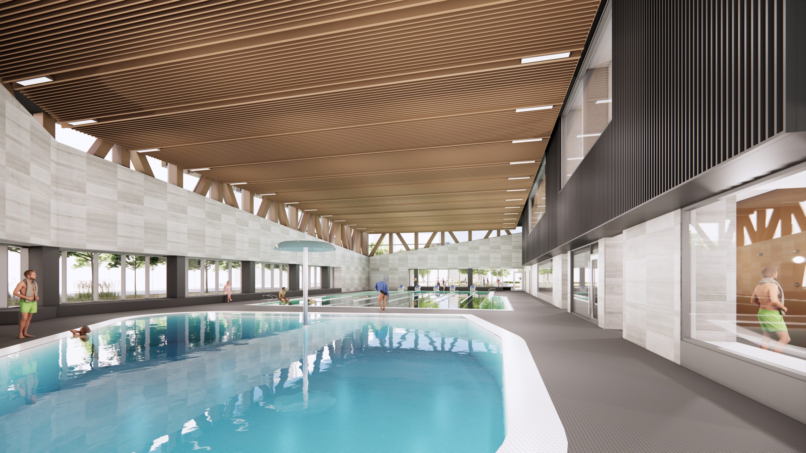 Interior view of the new Lawrence Heights Community Recreation Centre showing the new aquatics area, including a leisure pool with an umbrella water feature and a 6 lane lap pool.
